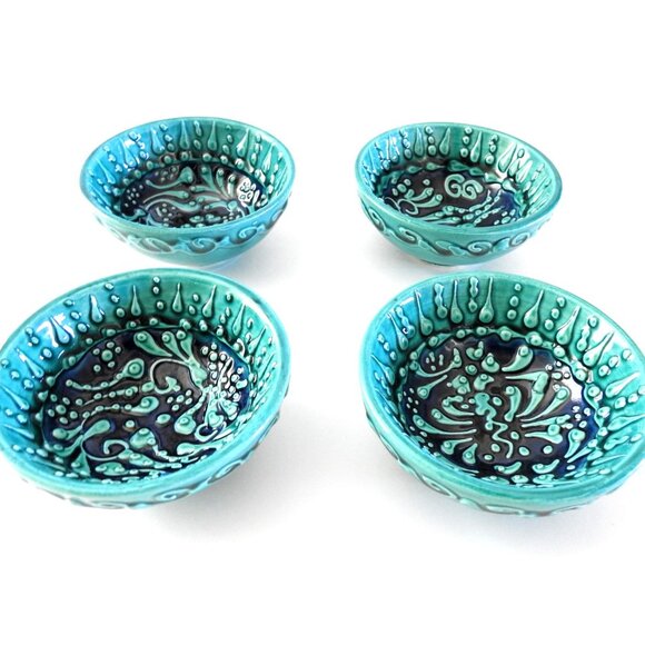 Turkish Ceramic Teal and Blue Sauce Dipping Bowls Green Tea Bowls Majolica Artis - Picture 4 of 6